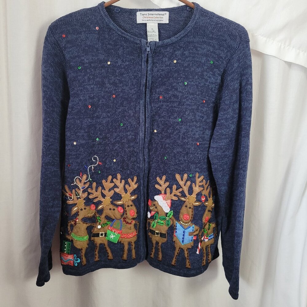 Tiara International Ugly Christmas Sweater Reindeer embellished XL bead full zip